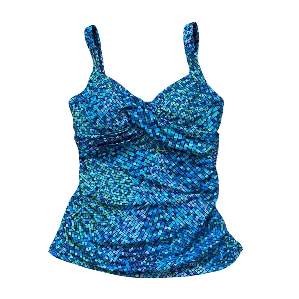 Lands End Womens 8L Blue Green Mosaic Twist Front Tankini Swim Top Long Tall